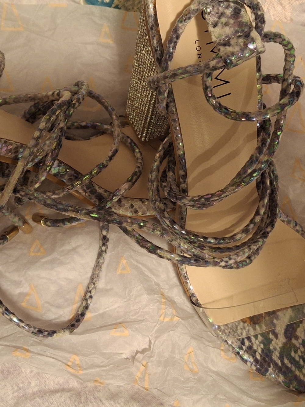 Strappy Snake-Print Lace-Up Heels in Gray - Picture 3 of 3